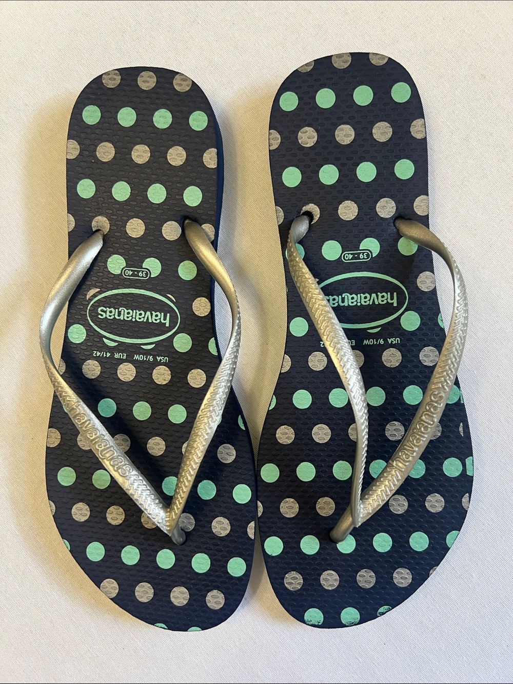 Havaianas Slim Polka Dot Flip Flops Navy Blue Mint Green Silver Womens Size 9/10